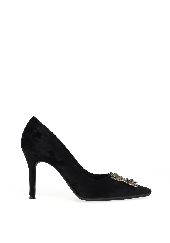 Luxurious Velvet Women's Pumps with Soft Finish---Lodi Sifrite Textured Velvet Gem Brooch Court Shoes, Black