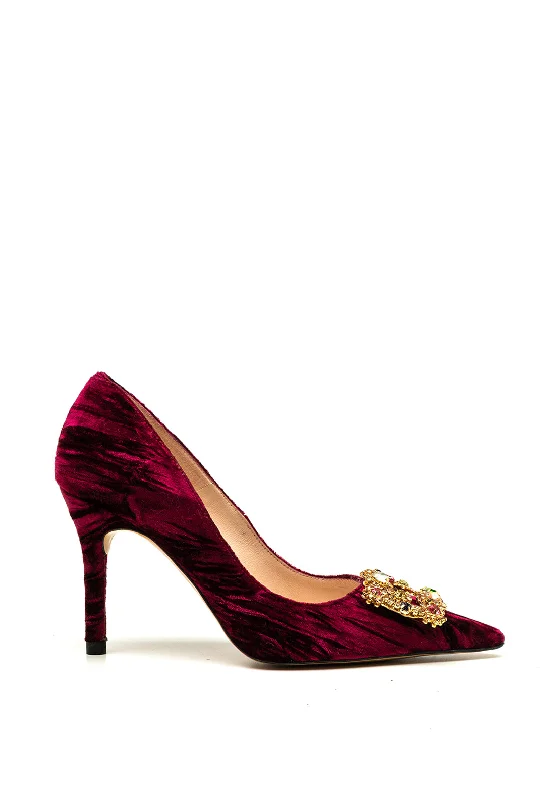 Luxurious Velvet Women's Pumps with Soft Finish---Lodi Sobri Textured Velvet Gem Brooch Court Shoes, Wine