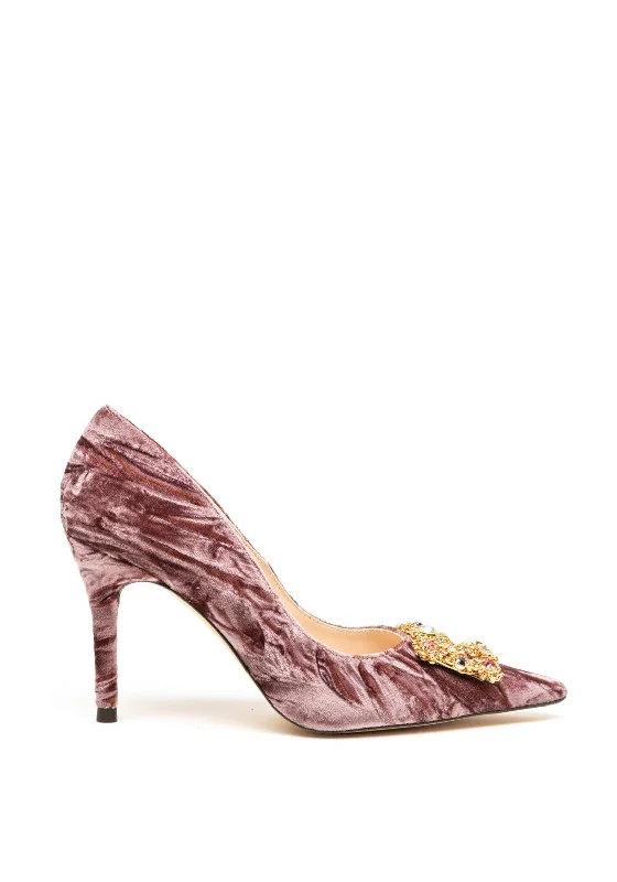 Luxurious Velvet Women's Pumps with Soft Finish---Lodi Textured Velvet Gem Brooch Court Shoes, Brown