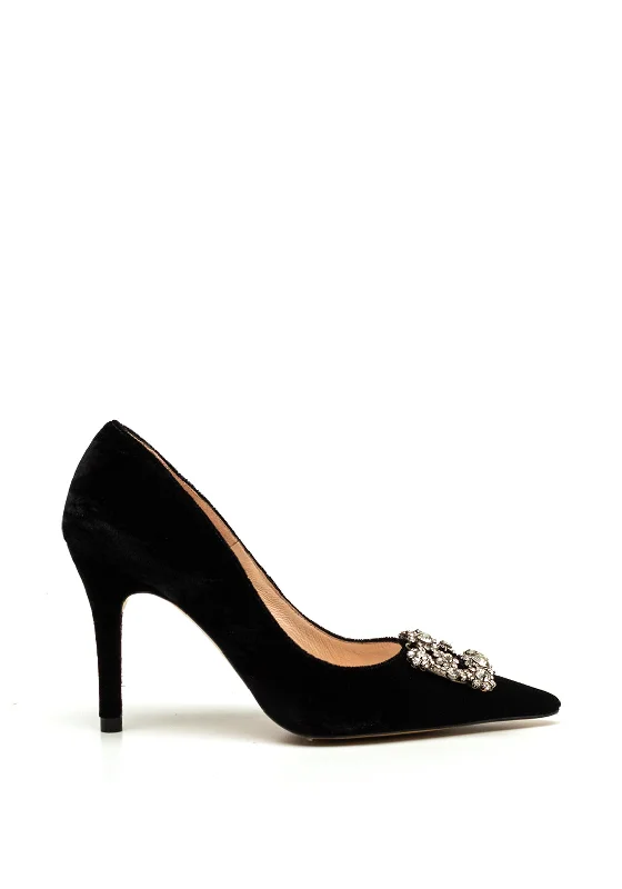 Luxurious Velvet Women's Pumps with Soft Finish---Lodi Sobri Velvet Gem Brooch Court Shoes, Black