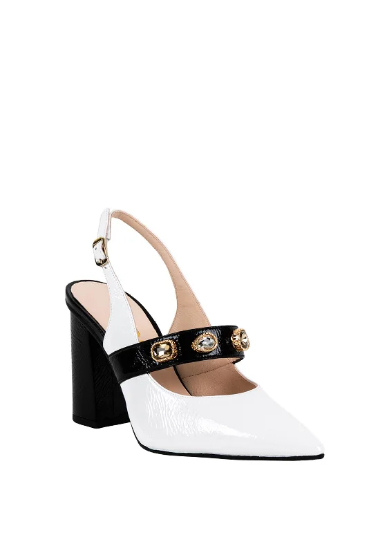 Versatile Heeled Sandals for Any Occasion---Lodi Solu Chucky Heel Embellishment Shoes, White and Black