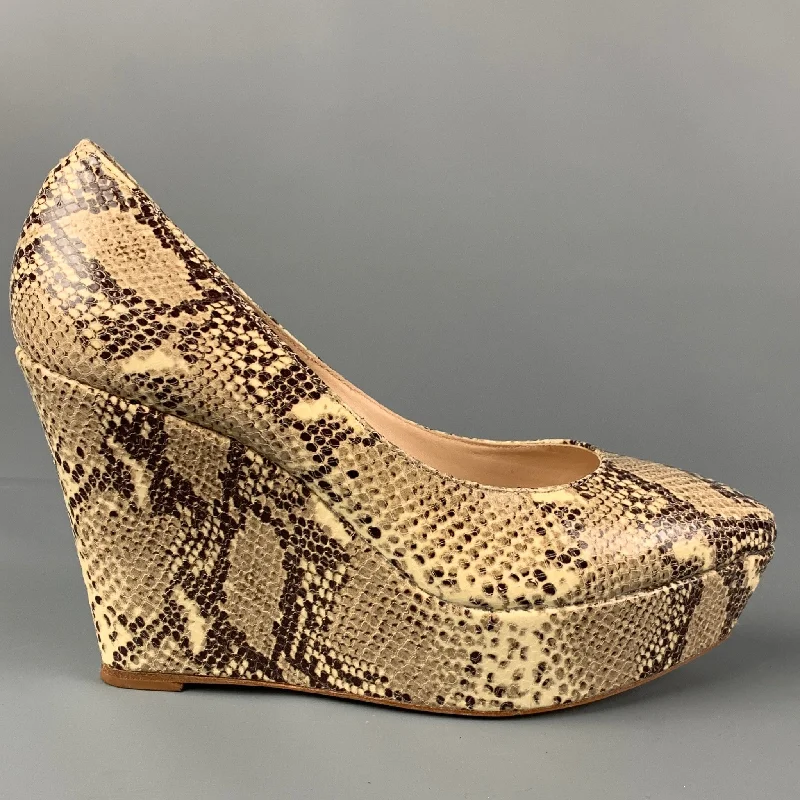 LOEFFLER RANDALL Size 8 Grey Beige Leather Snake Skin Print Embossed Wedge Pumps---Comfortable Leather Pumps for Office and Everyday Wear