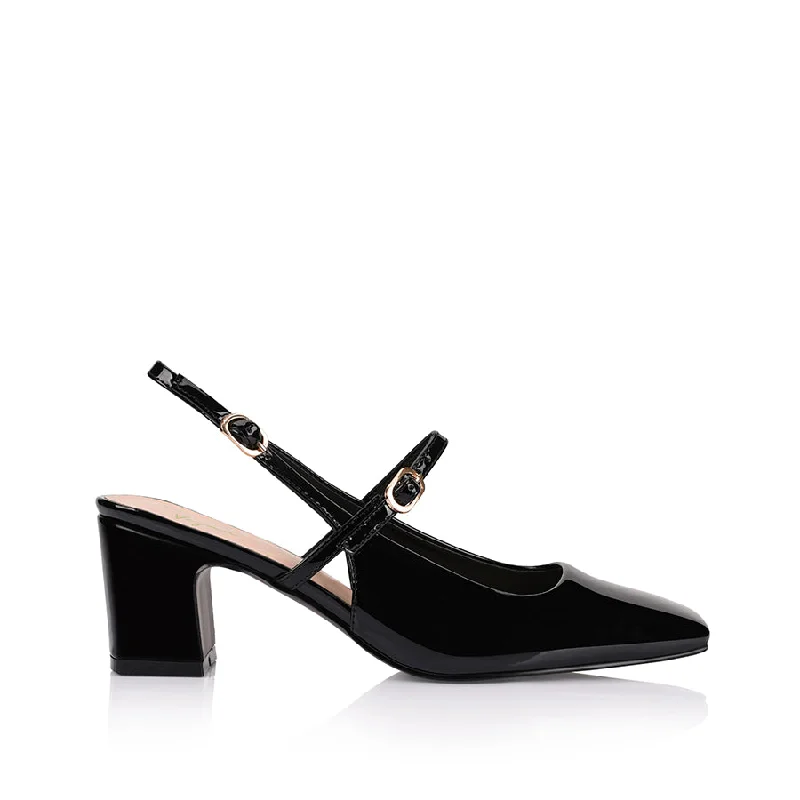 Trendy Chunky Heel Pumps for Casual Wear--Lolita Slingback Block Heels - Black Patent