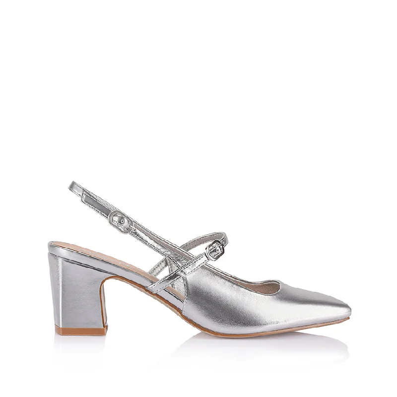 Trendy Chunky Heel Pumps for Casual Wear--Lolita Slingback Block Heels - Silver Metallic