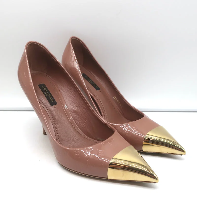 Versatile Heeled Sandals for Any Occasion---Louis Vuitton Allamanda Gold Cap Toe Pumps Rose Monogram Vernis Size 37.5