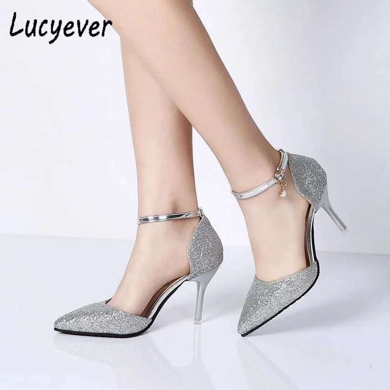 Affordable Rhinestone Pumps for a Dazzling Look---Fashion Buckle Crystals Bling Pumps Women Elegant Thin High Heels Point toe Party Wedding Shoes Woman Glod Sliver Black