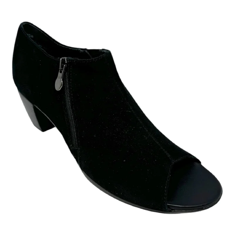 Affordable Suede Ankle Pumps for All-Day Wear--Luisa Suede Open Toed Shoes Heels Block By Munro In Black, Size: 9.5