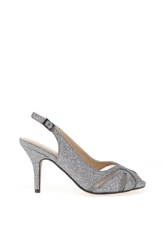 Lunar Elegance Sariyah Glitter Heeled Shoes, Pewter---Trendy Glitter Heels for a Glamorous Look