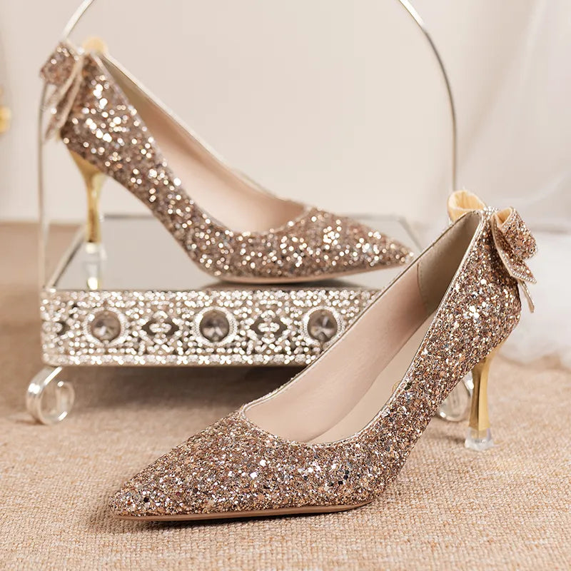 Stiletto Heel Pumps with Perfect Fit--Luxury Gold Silver Sequins Pumps Women 2024  Slip On High Heels Party Pointed Toe Thin Heeled Shoes-Fashionable & Classic