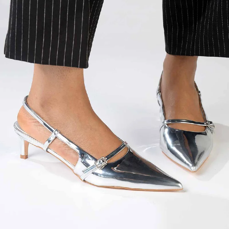 Madison Baila Kitten Slingback Heels - Silver---Fashionable Kitten Heels for Date Night