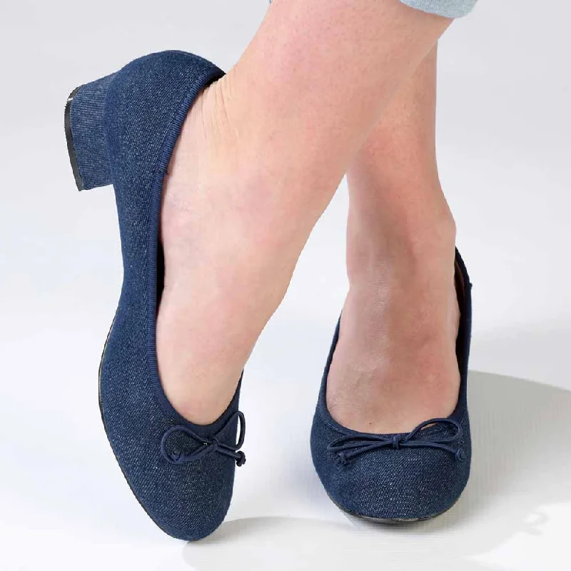 Trendy Chunky Heel Pumps for Casual Wear--Madison Belen Low Block Heel Court with Bow - Dark Blue