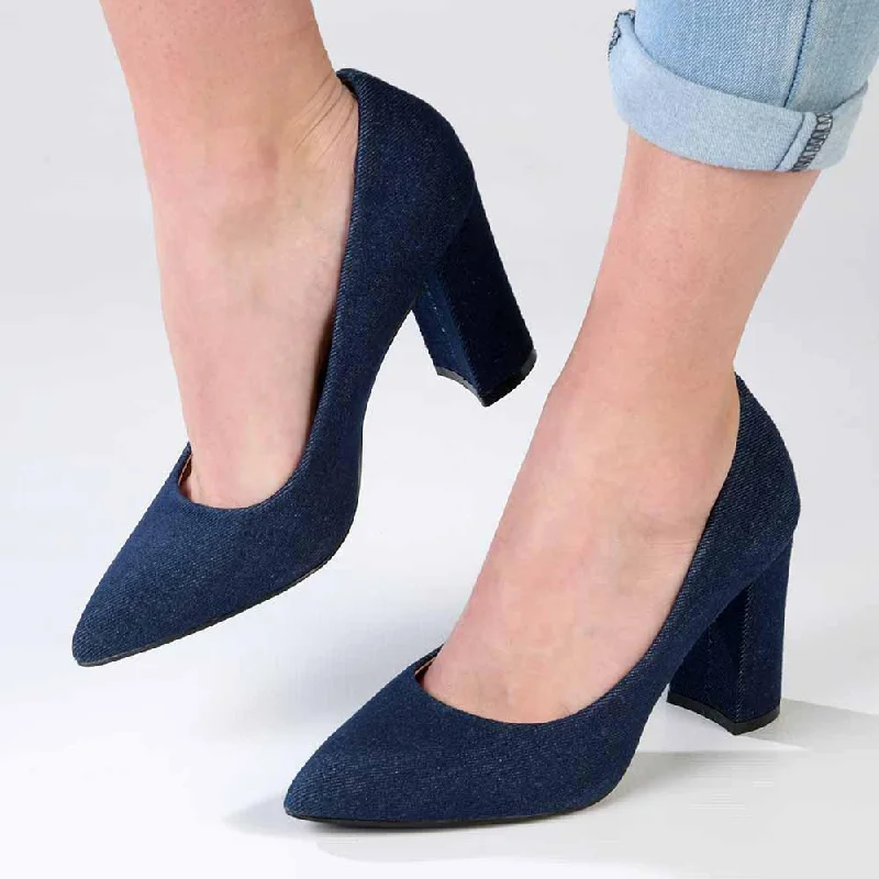 Trendy Chunky Heel Pumps for Casual Wear--Madison Bora Low Block Heel Court - Dark Blue Denim