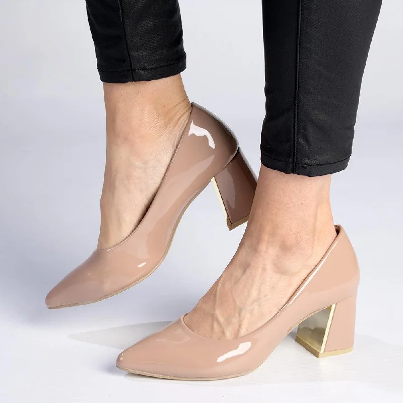 Trendy Chunky Heel Pumps for Casual Wear--Madison Gold Low Block Heel Court - Nude / Gold