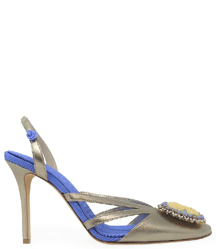 Blue Gold Leather Cameo High Heel Slingback---Comfortable Leather Pumps for Office and Everyday Wear