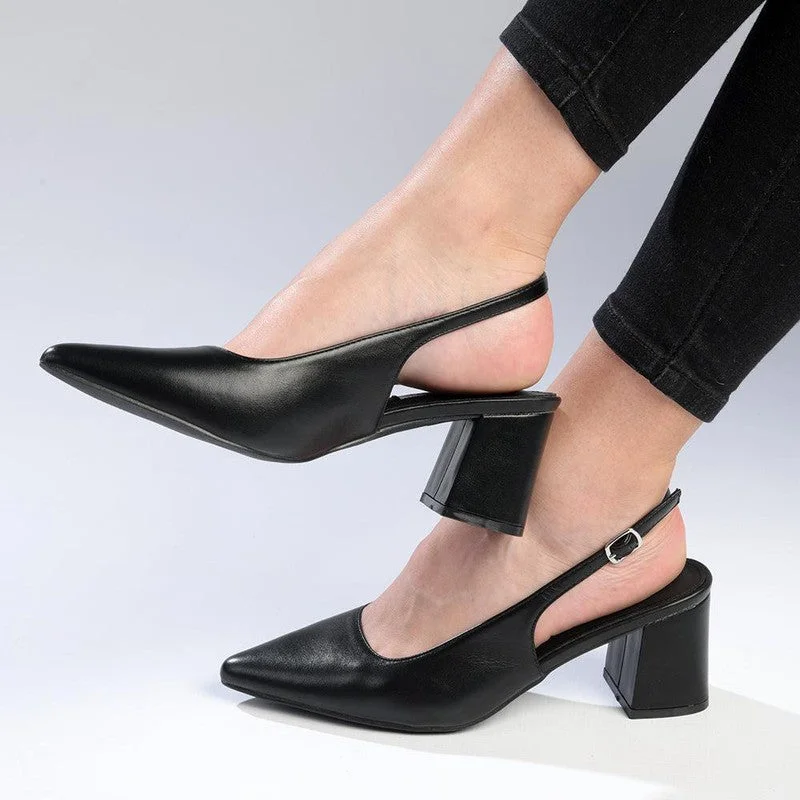 Trendy Chunky Heel Pumps for Casual Wear--Madison Palmer Slingback Low Block Heel Court - Black