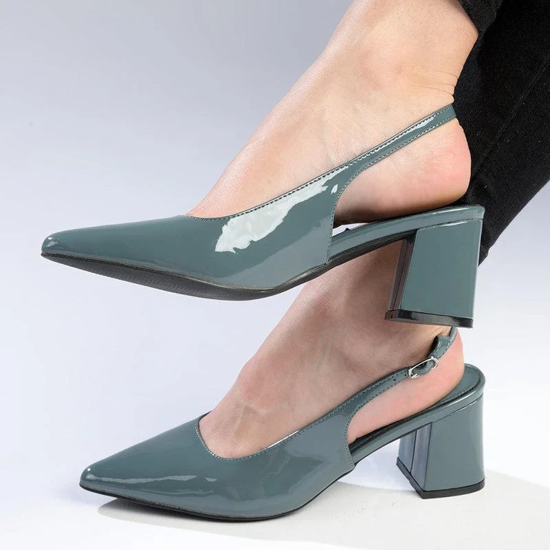 Trendy Chunky Heel Pumps for Casual Wear--Madison Palmer Slingback Low Block Heel Court - Blue Grey