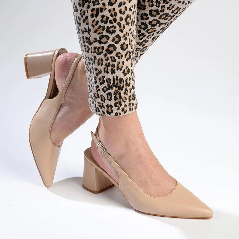 Trendy Chunky Heel Pumps for Casual Wear--Madison Palmer Slingback Low Block Heel Court - Nude