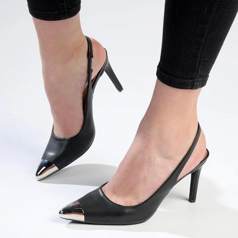 Madison Paola Closed Metal Toe Sling Back - Black---Fashionable Kitten Heels for Date Night