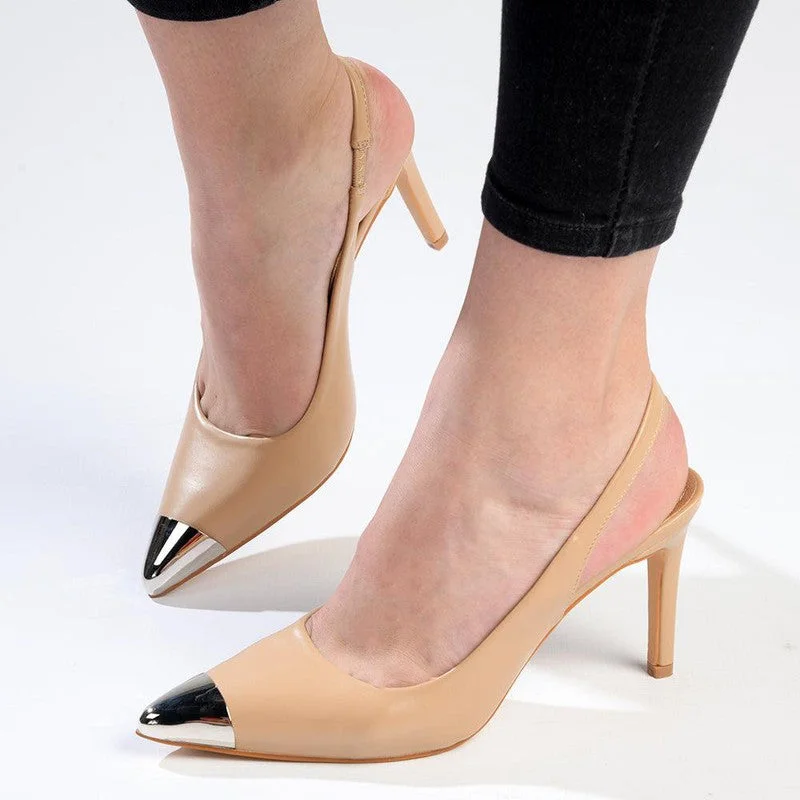 Madison Paola Closed Metal Toe Sling Back - Nude/Silver---Fashionable Kitten Heels for Date Night