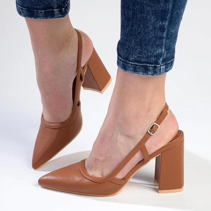 Trendy Chunky Heel Pumps for Casual Wear--Madison Paula Slingback Block Heel Court - Tan