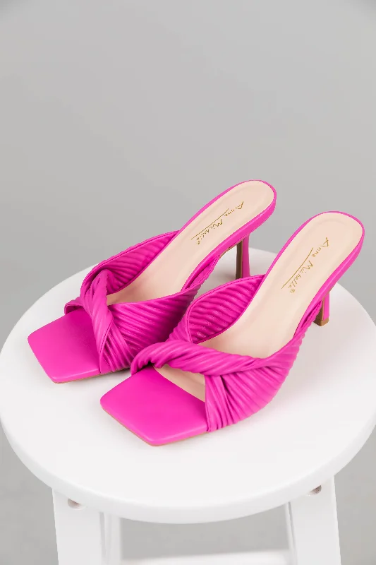 Magenta Faux Leather Twisted Square Toe Heels---Durable Square Toe Block Heels for Everyday Use