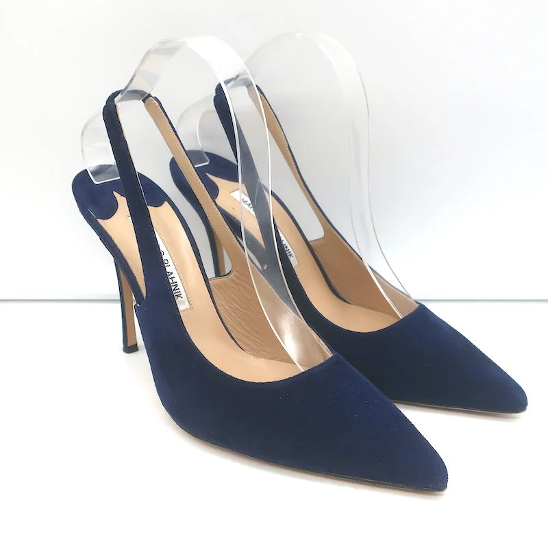 Affordable Suede Ankle Pumps for All-Day Wear--Manolo Blahnik Allura 105 Slingback Pumps Navy Suede Size 39.5 Pointed Toe Heels