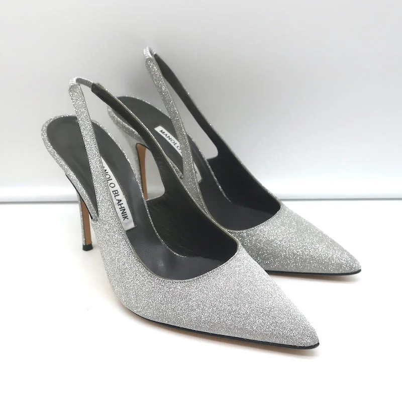 Manolo Blahnik Allura Glitter Slingback Pumps Silver Size 38.5 Pointed Toe Heels---Trendy Glitter Heels for a Glamorous Look