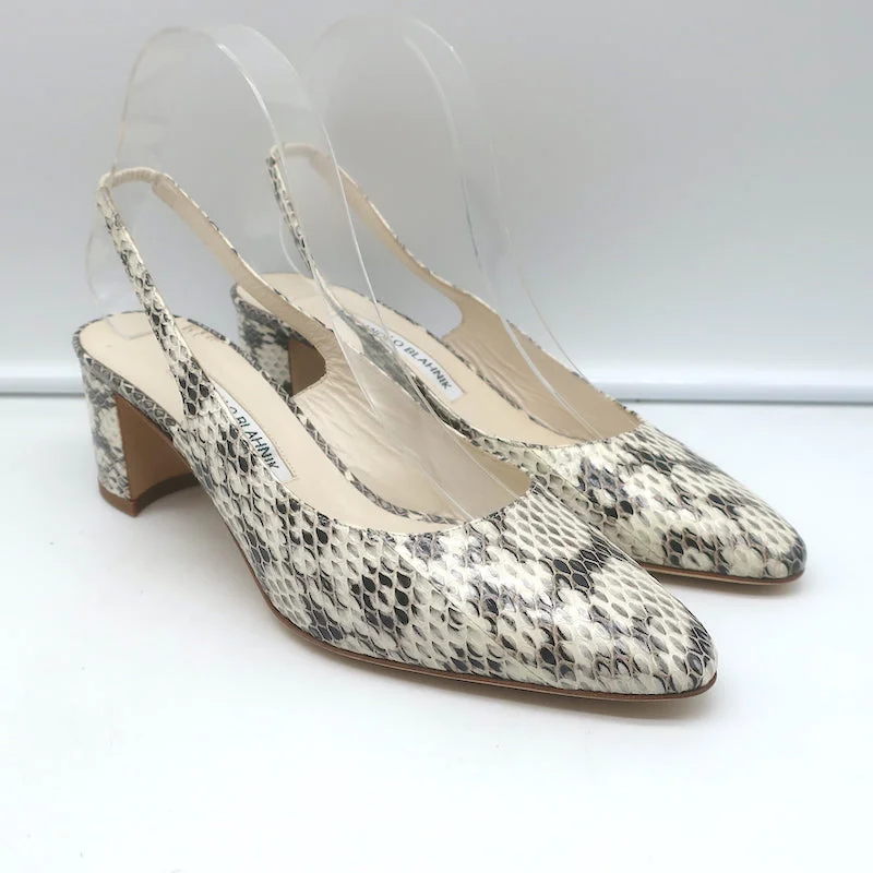 Versatile Heeled Sandals for Any Occasion---Manolo Blahnik Allurasa Slingback Pumps Cream Snakeskin Size 38.5 NEW