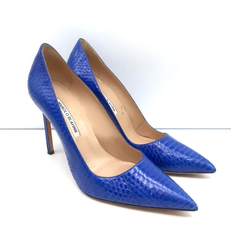 Stiletto Heel Pumps with Perfect Fit--Manolo Blahnik BB 105 Snakeskin Pumps Blue Size 39 Pointed Toe Heels-Fashionable & Classic