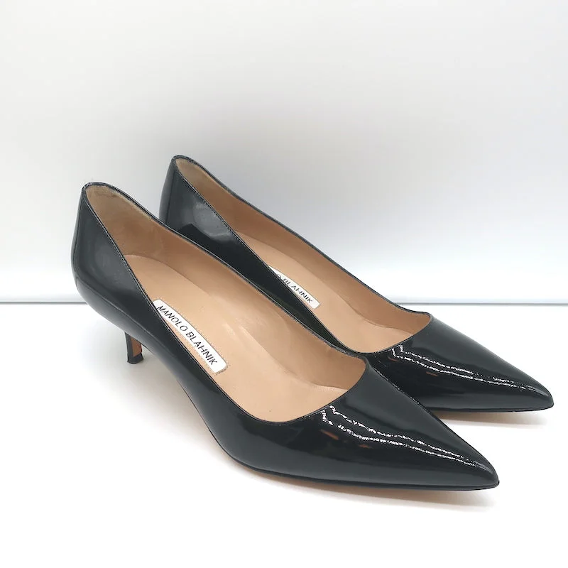 Sleek and Shiny Patent Pump Heels for a Polished Look--Manolo Blahnik BB 50 Pumps Black Patent Leather Size 40 Pointed Toe Kitten Heel