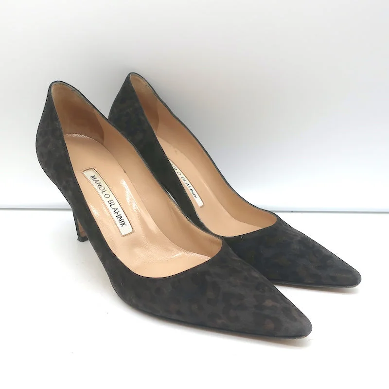 Affordable Suede Ankle Pumps for All-Day Wear--Manolo Blahnik BB 90 Pumps Gray Leopard Print Suede Size 37 Pointed Toe Heels