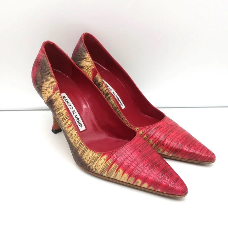 Stiletto Heel Pumps with Perfect Fit--Manolo Blahnik BB Lizard Pumps Red/Beige Size 37 Pointed Toe Heels-Fashionable & Classic