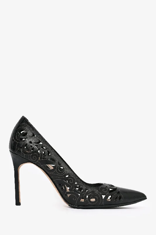 Stiletto Heel Pumps with Perfect Fit--Manolo Blahnik Black Lasercut Pointed Toe Pumps Size 37.5-Fashionable & Classic