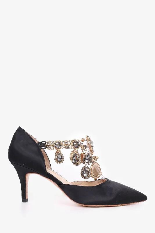 Manolo Blahnik Black Satin Zullin Crystal Jeweled D'orsay Pumps Size 37.5Affordable Satin Heels with a Luxe Touch