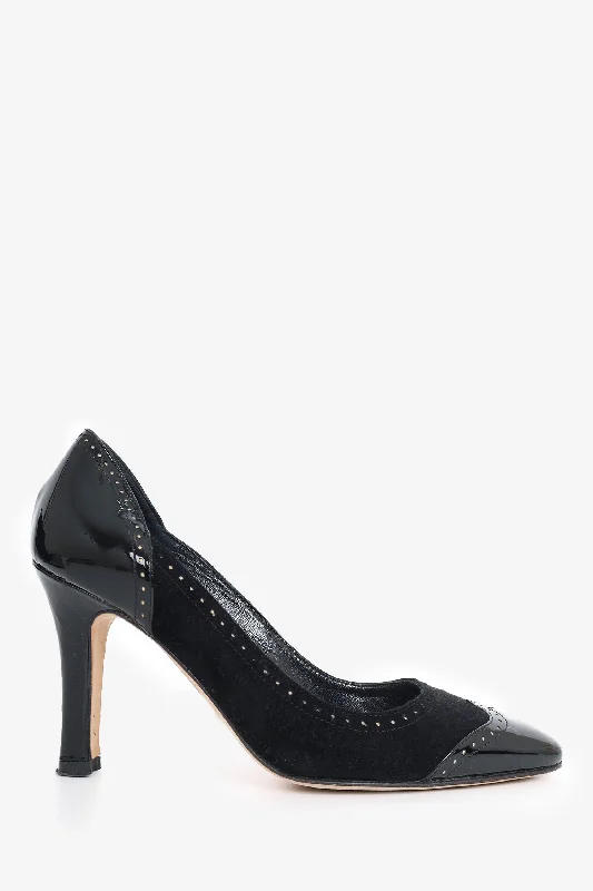 Sleek and Shiny Patent Pump Heels for a Polished Look--Manolo Blahnik Black Suede/Patent Eyelet Trim Pumps Size 35