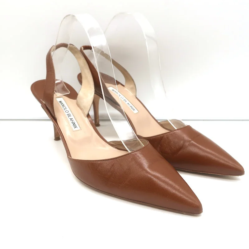 Manolo Blahnik Carolyne 90 Slingback Pumps Brown Leather Size 42---Comfortable Leather Pumps for Office and Everyday Wear