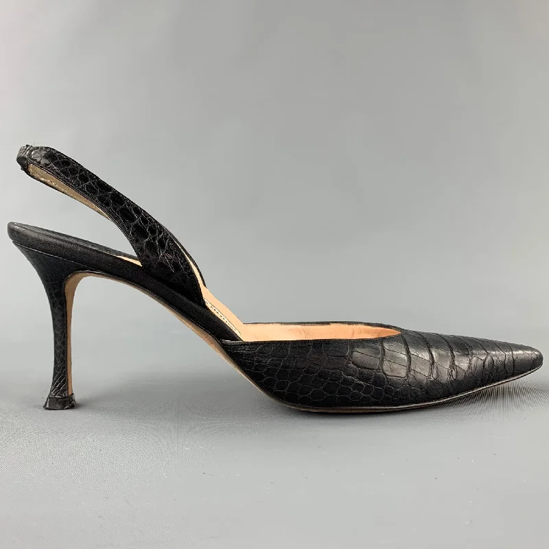 Fashionable Leather Slingback Pumps for Casual Wear--MANOLO BLAHNIK Carolyne Size 10 Black Alligator Leather Slingback Pumps