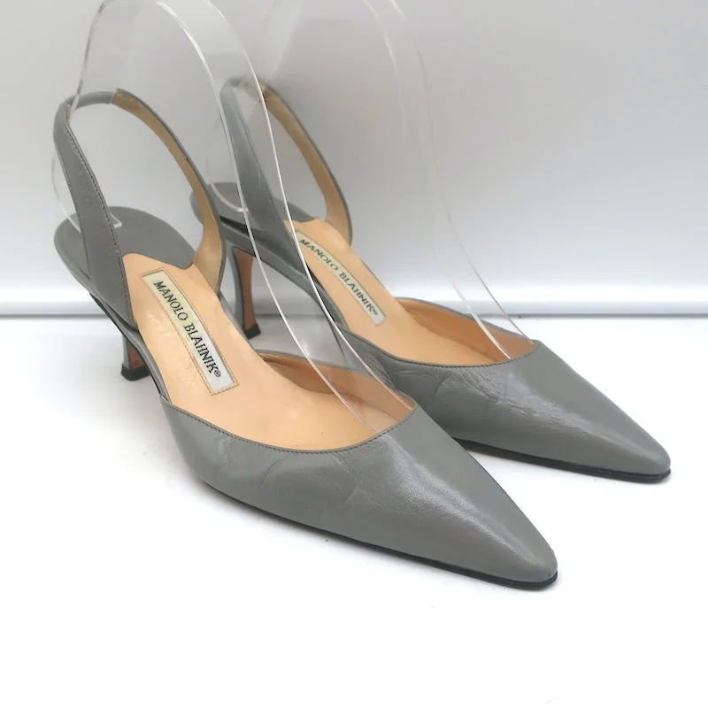 Stiletto Heel Pumps with Perfect Fit--Manolo Blahnik Carolyne Slingback Pumps Gray Leather Size 37 Pointed Toe Heels-Fashionable & Classic