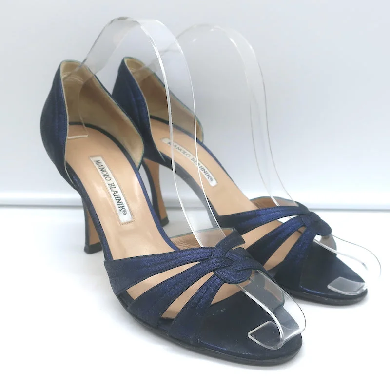 Affordable Suede Ankle Pumps for All-Day Wear--Manolo Blahnik Cutout d'Orsay Pumps Navy Metallic Suede Size 39 Open Toe Heels