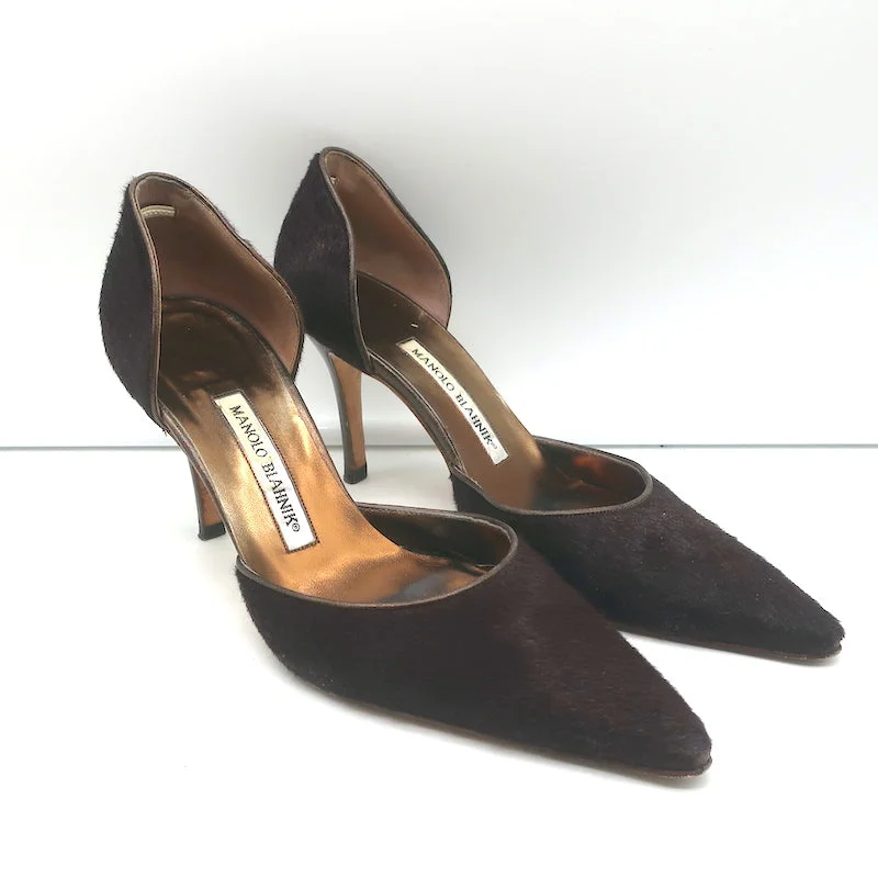 Stiletto Heel Pumps with Perfect Fit--Manolo Blahnik D'Orsay Pumps Dark Brown Calf Hair Size 37 Pointed Toe Heels-Fashionable & Classic