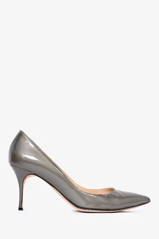 Sleek and Shiny Patent Pump Heels for a Polished Look--Manolo Blahnik Grey Patent Leather Pointed Heels Size 40