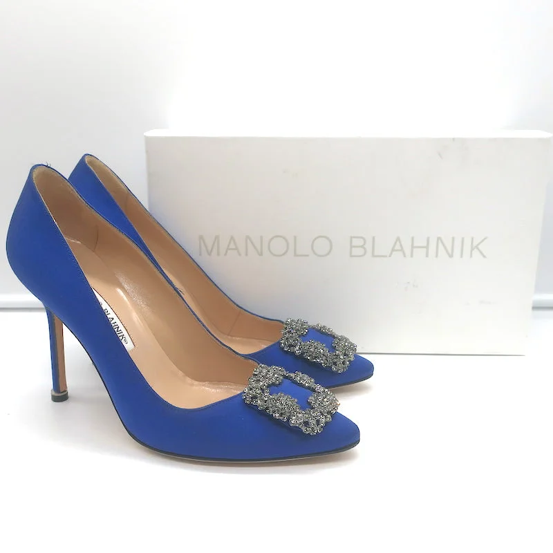 Manolo Blahnik Hangisi 105 Crystal-Buckle Pumps Royal Blue Satin Size 38Affordable Satin Heels with a Luxe Touch