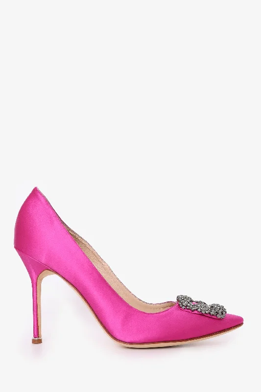 Manolo Blahnik Pink Satin Crystal Buckle Hangisi Heels Size 41Affordable Satin Heels with a Luxe Touch