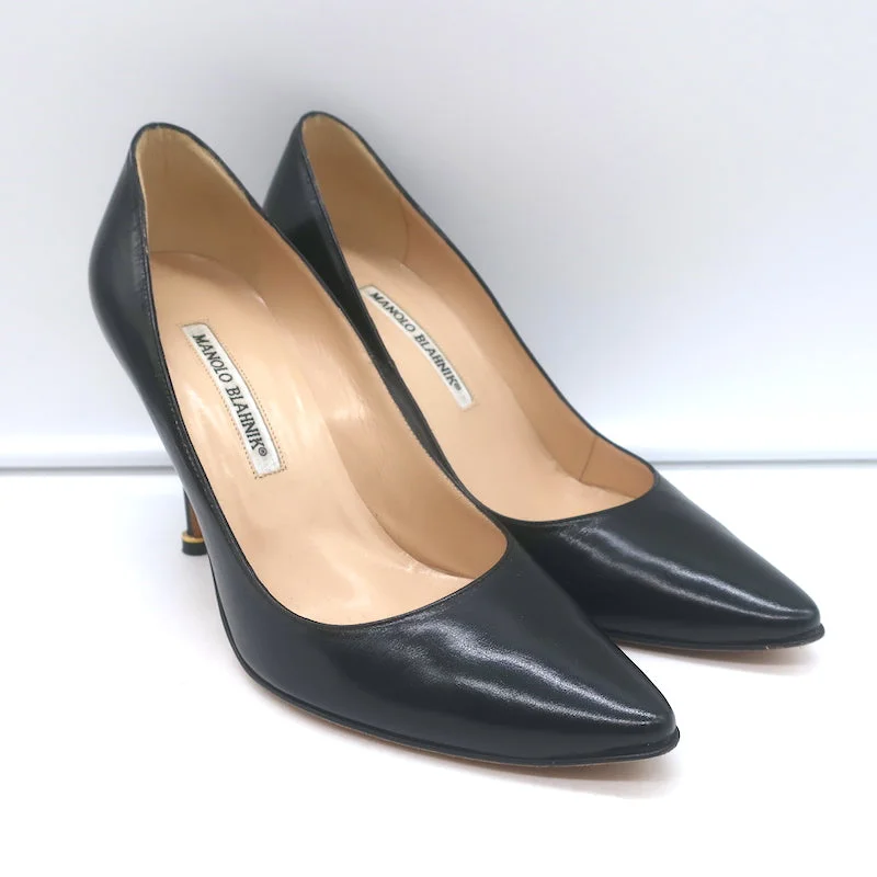 Stiletto Heel Pumps with Perfect Fit--Manolo Blahnik Pointed Toe Pumps Black Leather Size 37.5-Fashionable & Classic