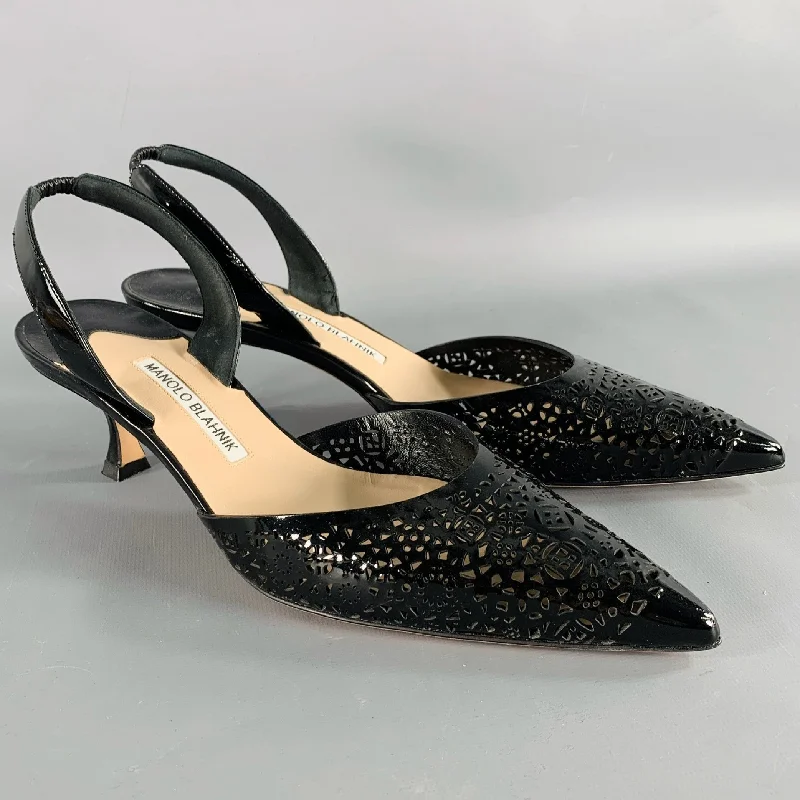 Sleek and Shiny Patent Pump Heels for a Polished Look--MANOLO BLAHNIK Size 11 Black Perforated Patent Leather Slingback Pumps