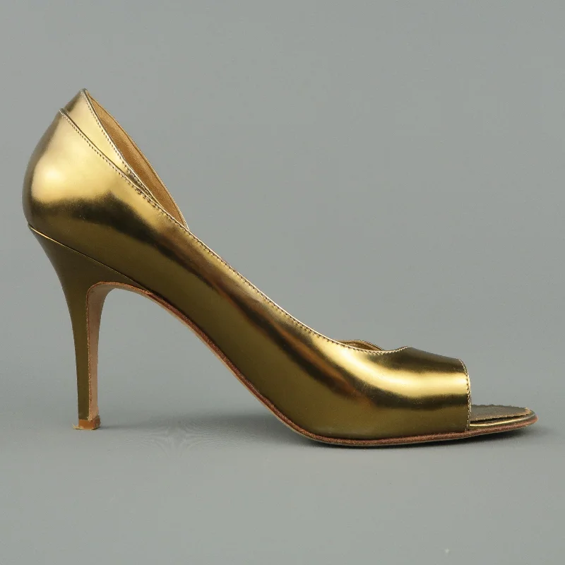 Sleek and Shiny Patent Pump Heels for a Polished Look--MANOLO BLAHNIK Size 11 Gold Metallic Patent Leather Peep Toe D'Orsay Pumps