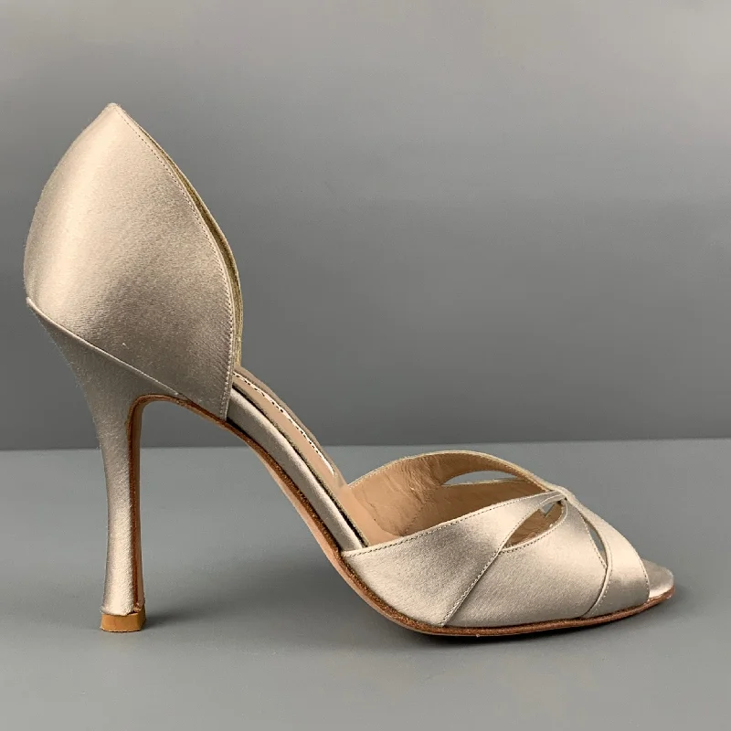 Trendy D'Orsay Pumps for Fashion-Forward Women---MANOLO BLAHNIK Size 6.5 Gray Silk Metallic D'Orsay Pumps