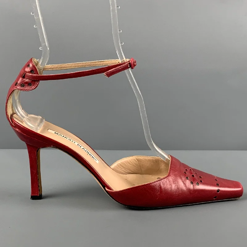 Stylish Ankle Strap Heels for Women--MANOLO BLAHNIK Size 6.5 Red Leather Perforated Ankle Strap Pumps