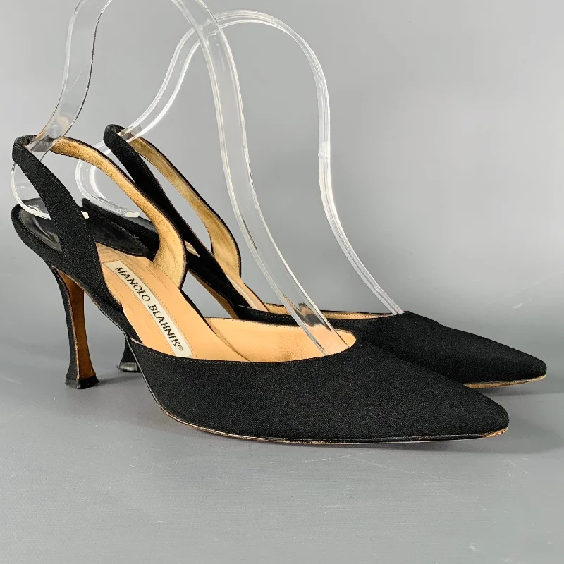 Versatile Heeled Sandals for Any Occasion---MANOLO BLAHNIK Size 7.5 Black Fabric Slingback Pumps