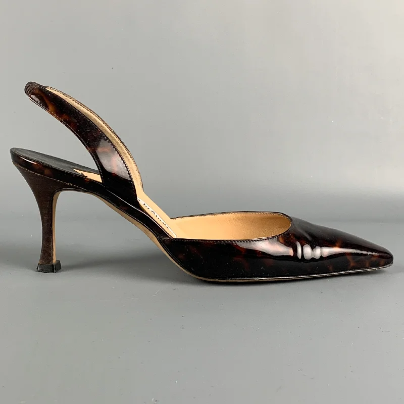 Sleek and Shiny Patent Pump Heels for a Polished Look--MANOLO BLAHNIK Size 7.5 Tortoiseshell Patent Leather Slingback Pumps